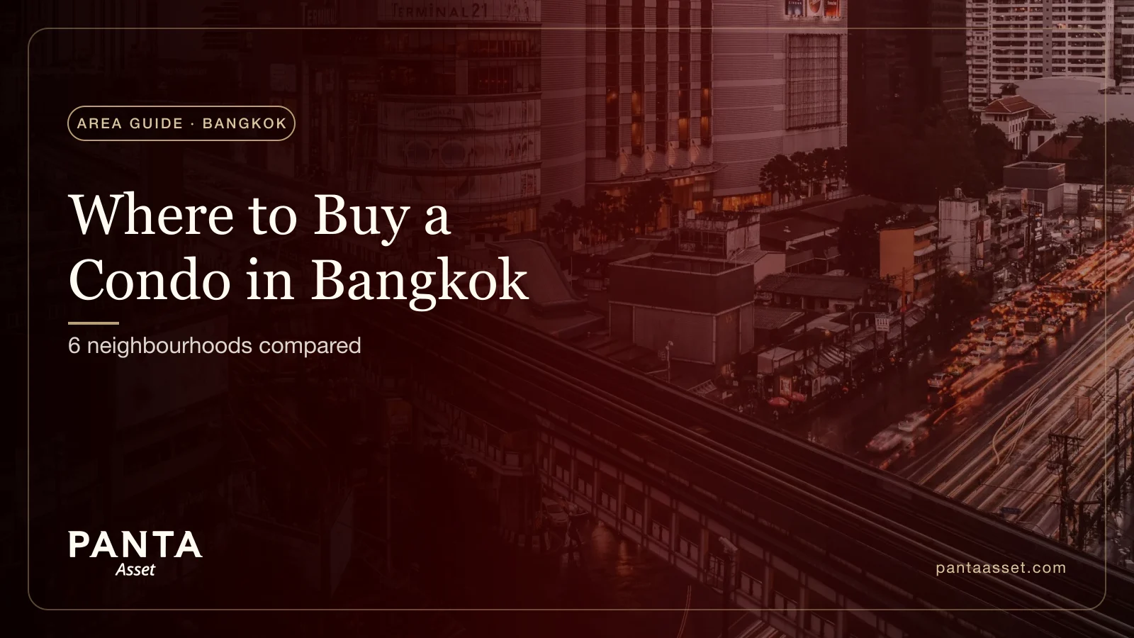 Illustration of the Bangkok skyline with location pins over a mass-transit line