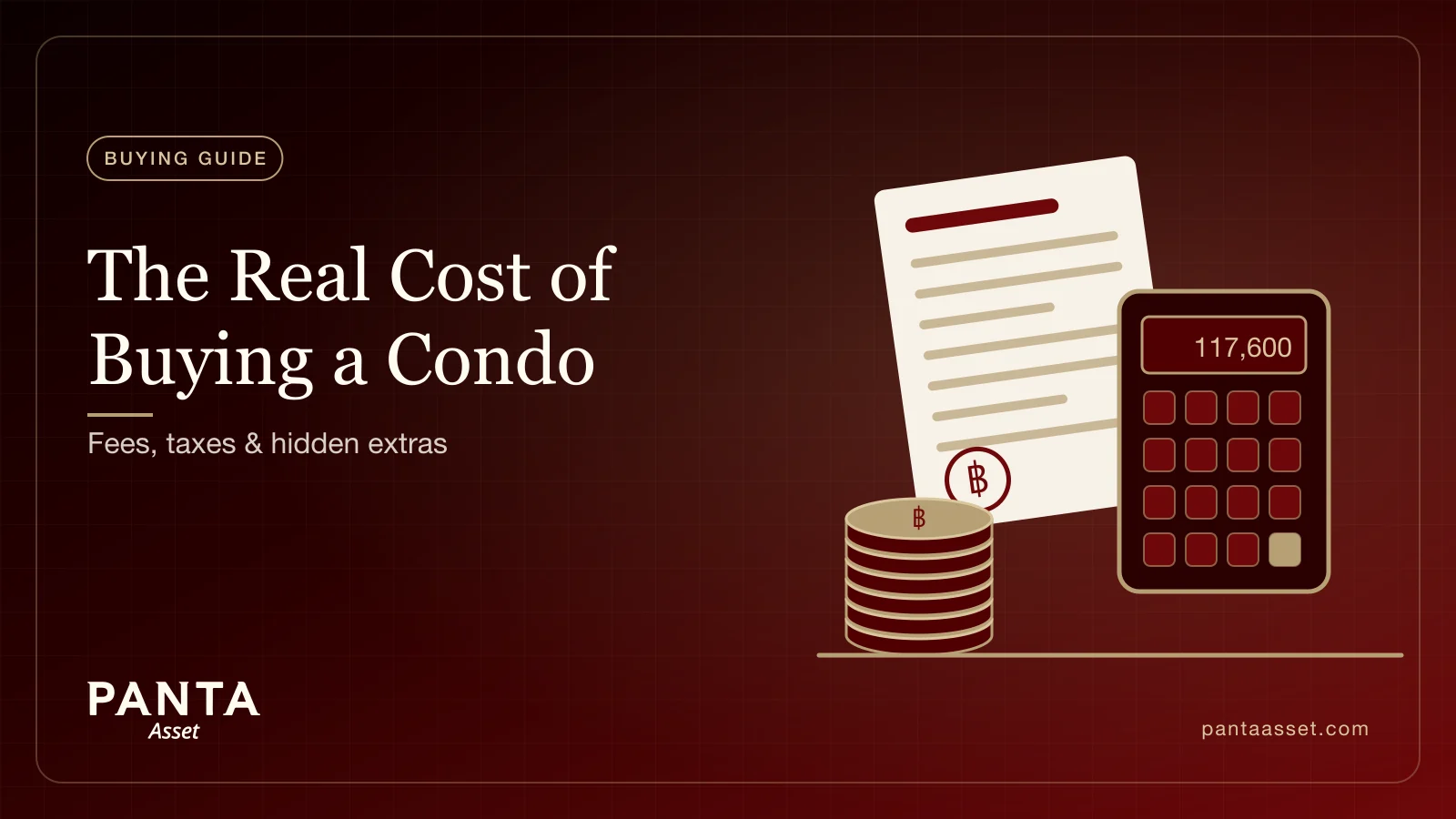 Illustration of a calculator, a stack of coins and a property document